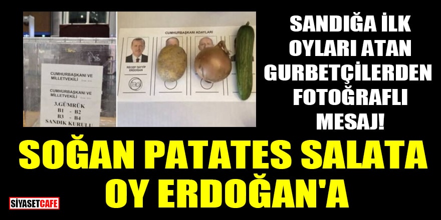 Sandığa ilk oyları atan gurbetçilerden fotoğraflı mesaj! Soğan patates salata oy Erdoğan'a